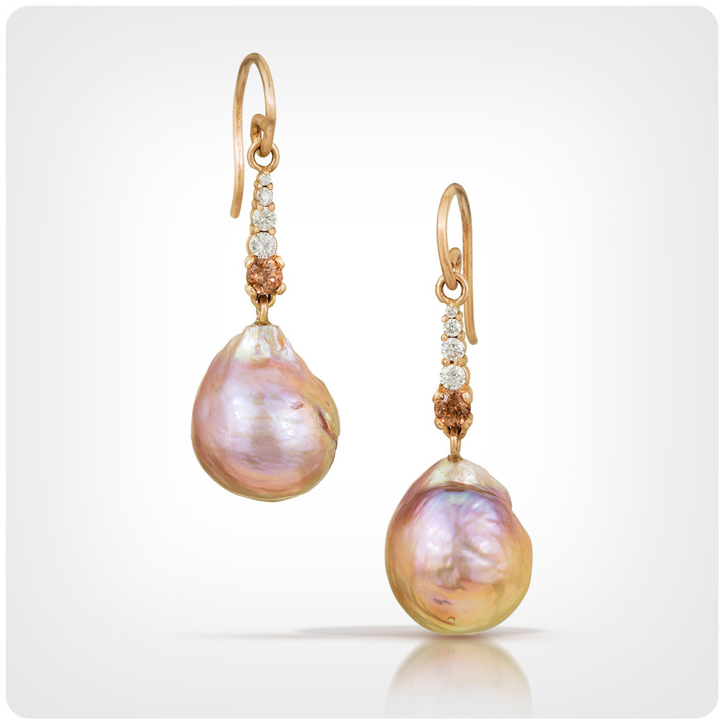 One-of-a-kind freshwater pearl and diamond earrings from Nikki Lorenz Designs