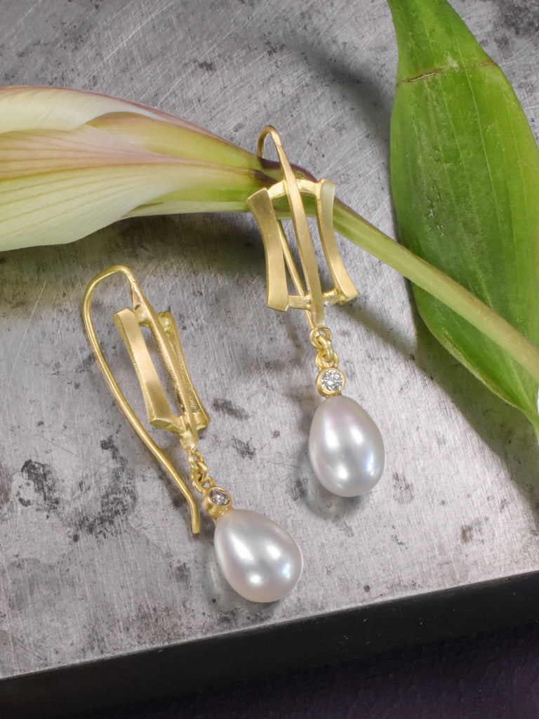 modern gold, pearl, and diamond earrings from Nikki Lorenz Designs