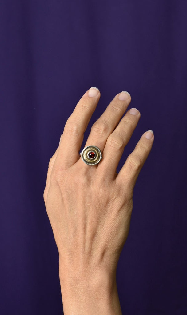 silver gold and garnet ring from Nikki Lorenz Designs