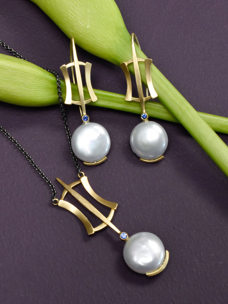 gold, pearl, and sapphire jewelry with an Art Deco flare from Nikki Lorenz Designs