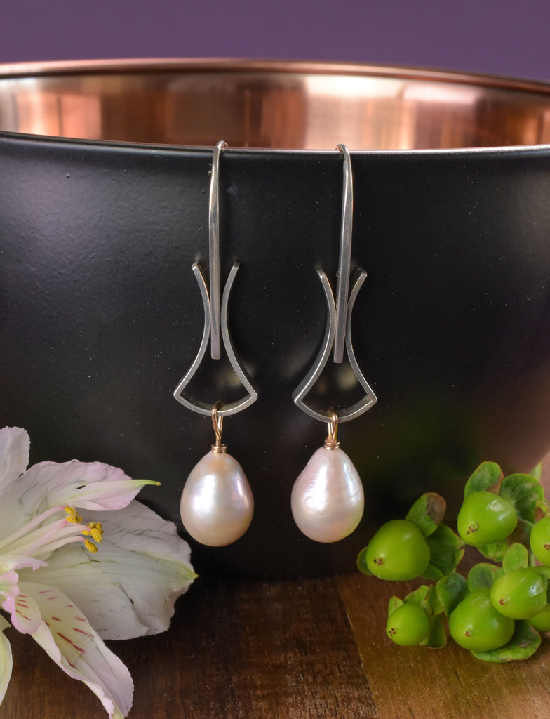 silver earrings with pink pearls from Nikki Lorenz Designs