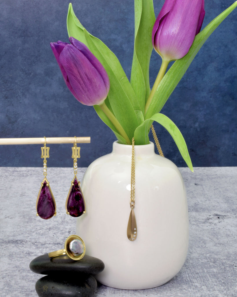 purple shell statement earrings with everyday jewelry staples from Nikki Lorenz Designs