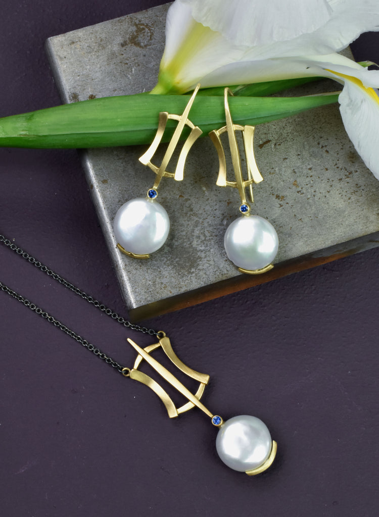 art deco inspired gold pearl earrings and necklace from Nikki Lorenz Designs