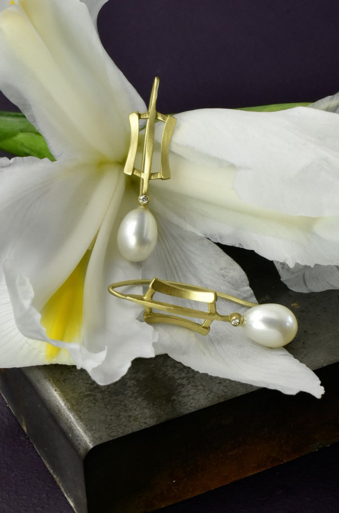 gold, pearl and diamond earrings from Nikki Lorenz Designs