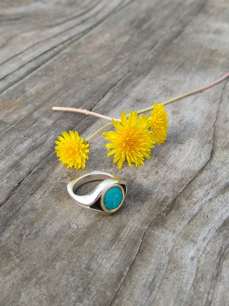 silver and turquoise ring with dandelions