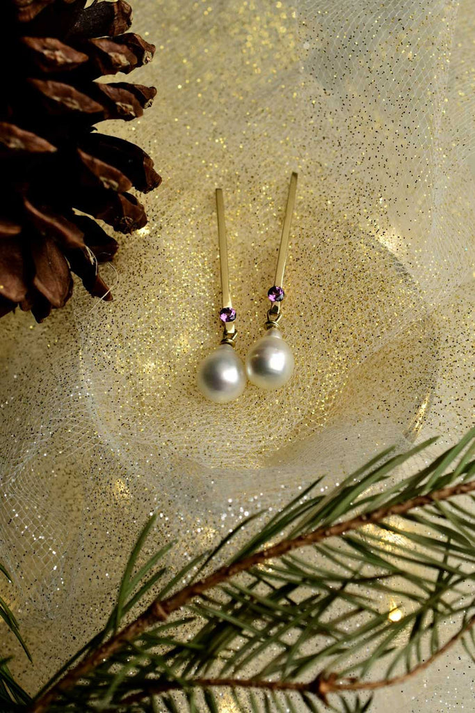 gold South Sea pearl and purple garnet earrings from Nikki Lorenz Designs