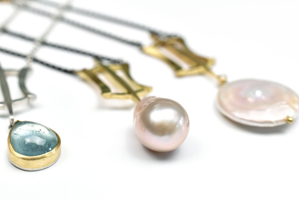 gold, silver, pearl and aquamarine necklaces from Nikki Lorenz Designs