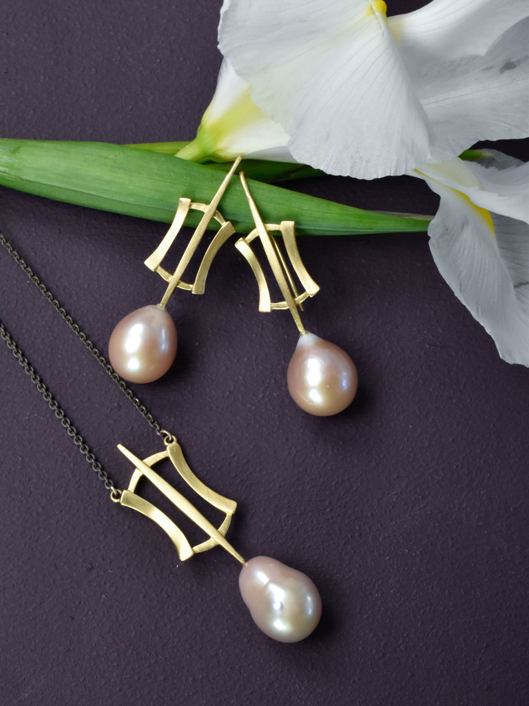 gold and pink pearl earrings and necklace from Nikki Lorenz Designs