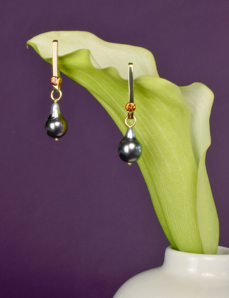 gold, black pearl and orange zircon earrings from Nikki Lorenz Designs