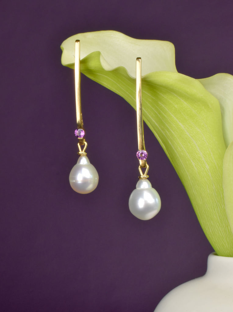 contemporary gold, south sea pearl and garnet earrings from Nikki Lorenz Designs