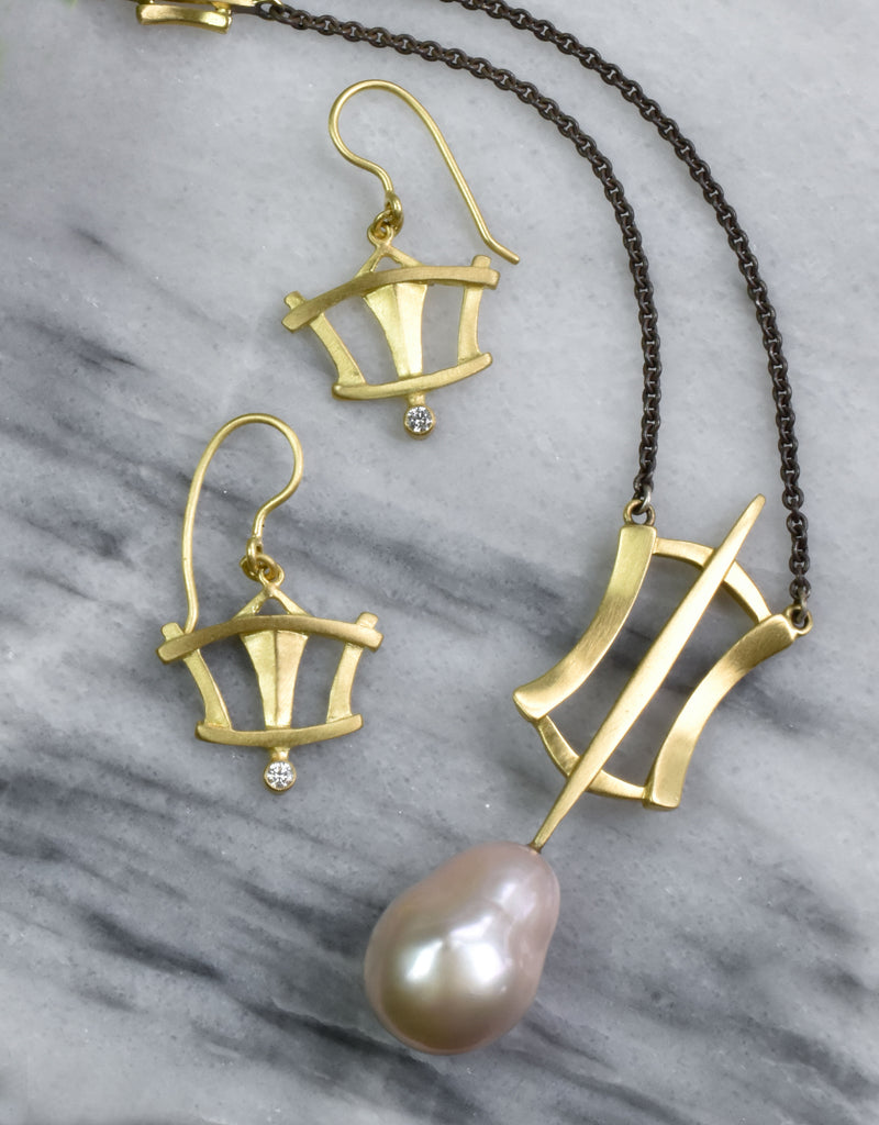 gold and diamond earrings with pink pearl gold necklace from Nikki Lorenz Designs