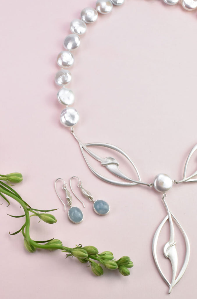 silver and pearl necklace, silver and aquamarine earrings from Nikki Lorenz Designs