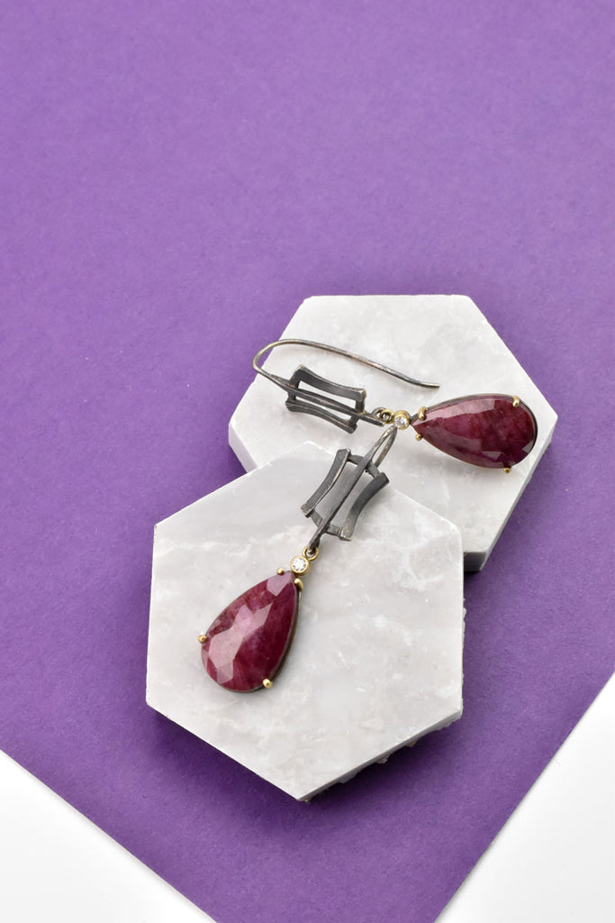 silver, gold, ruby and diamond earrings from Nikki Lorenz Designs