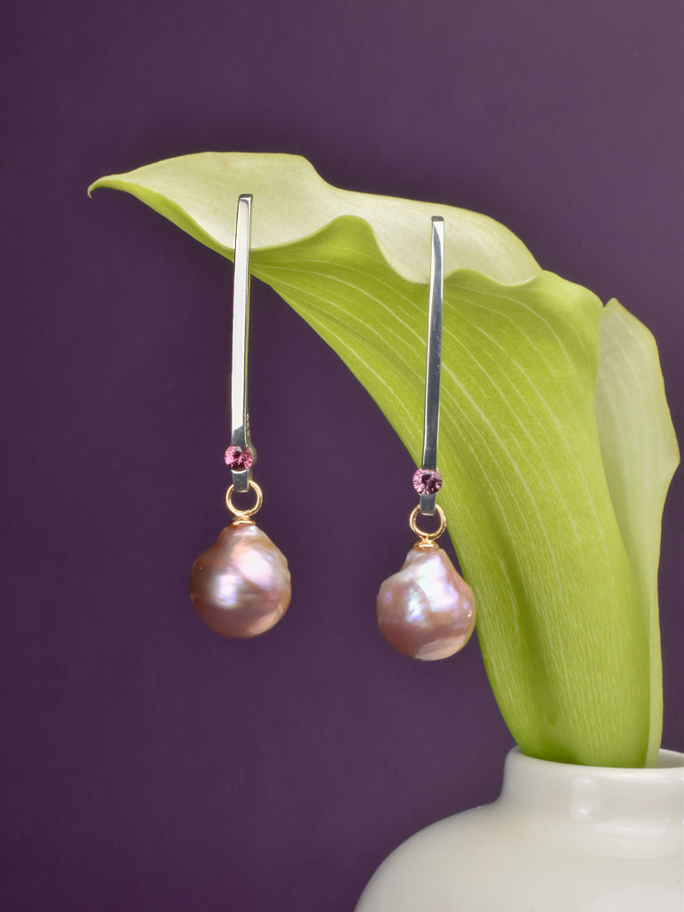 dramatic pearl earrings in silver with garnets from Nikki Lorenz Designs