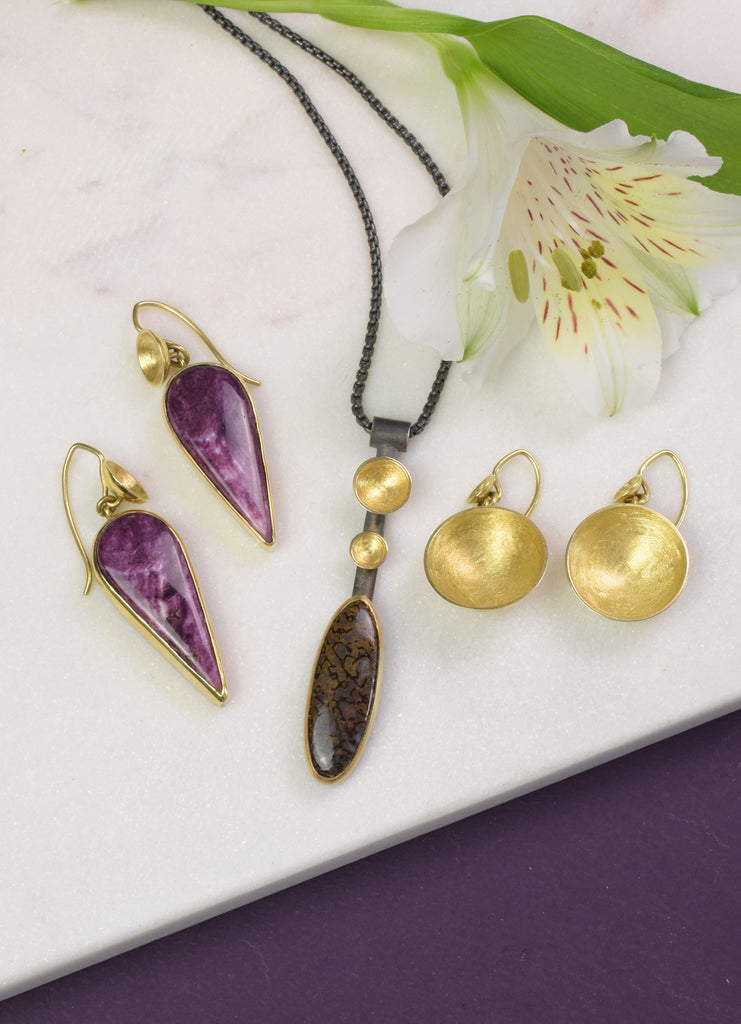 purple shell earrings, necklace with brown stone and gold bowl shaped earrings from Nikki Lorenz Designs