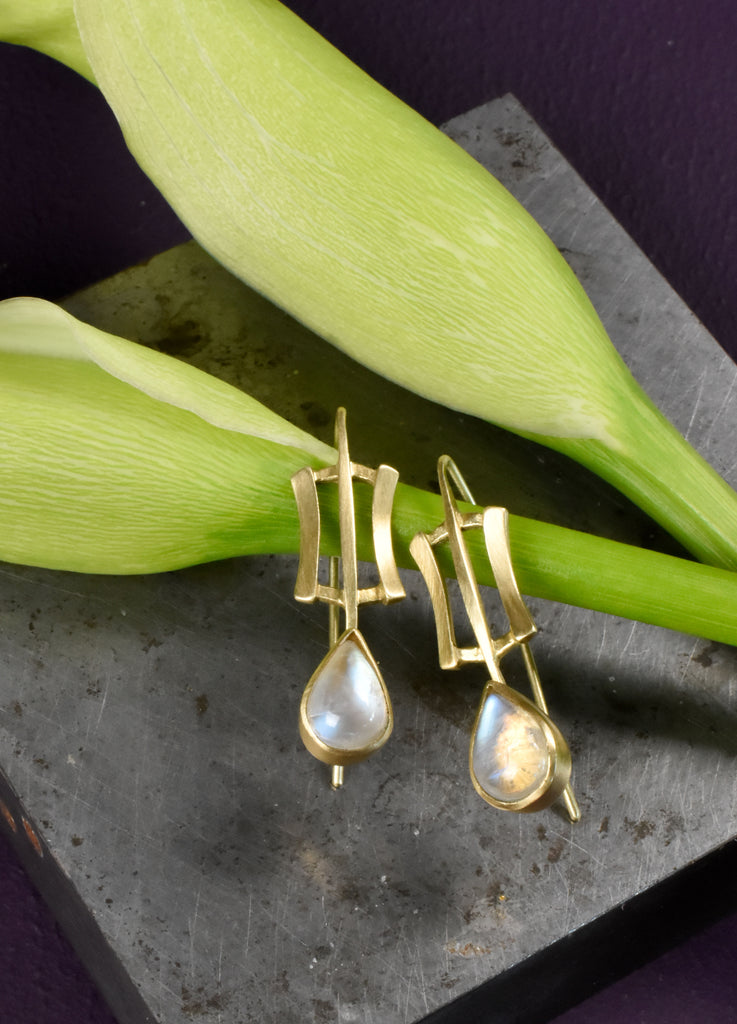 gold moonstone earrings to up your work from home style from Nikki Lorenz Designs