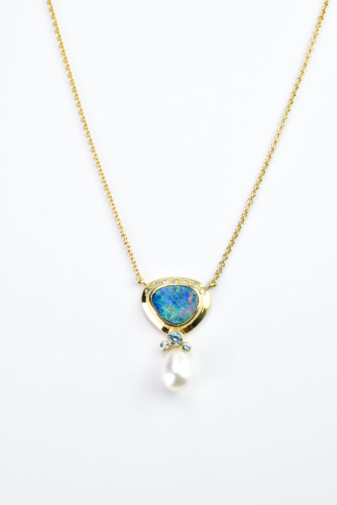 gold, opal, blue zircon and pearl necklace from Nikki Lorenz Designs