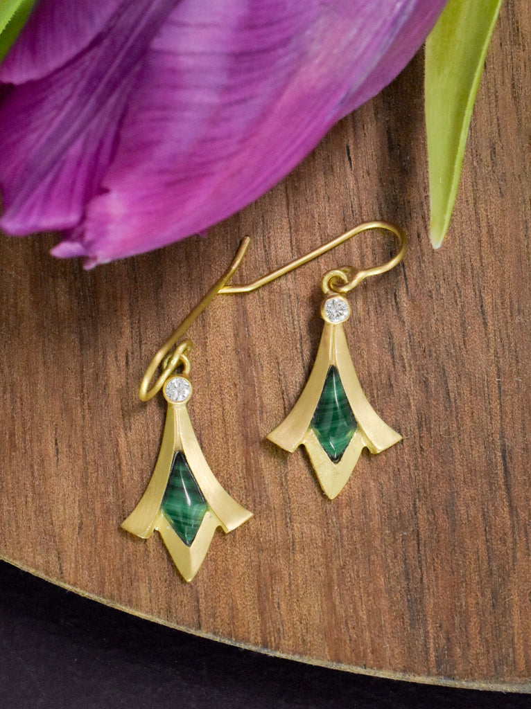 gold, malachite, and diamond earrings from Nikki Lorenz Designs