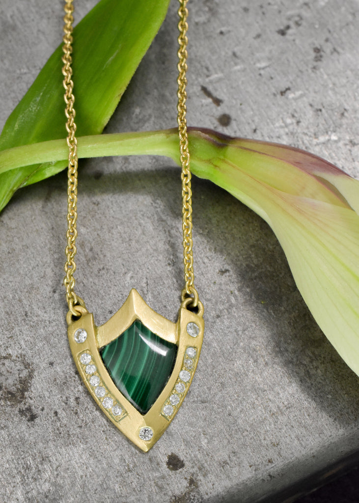 gold, malachite, and diamond necklace from Nikki Lorenz Designs