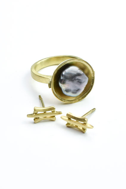 18k stud earrings and tahitian keshi pearl ring Nikki Lorenz Designs