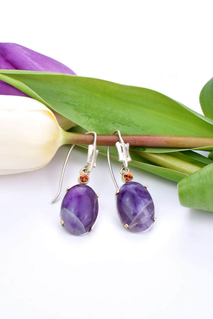 silver and gold amethyst and garnet earrings from Nikki Lorenz Deisgns