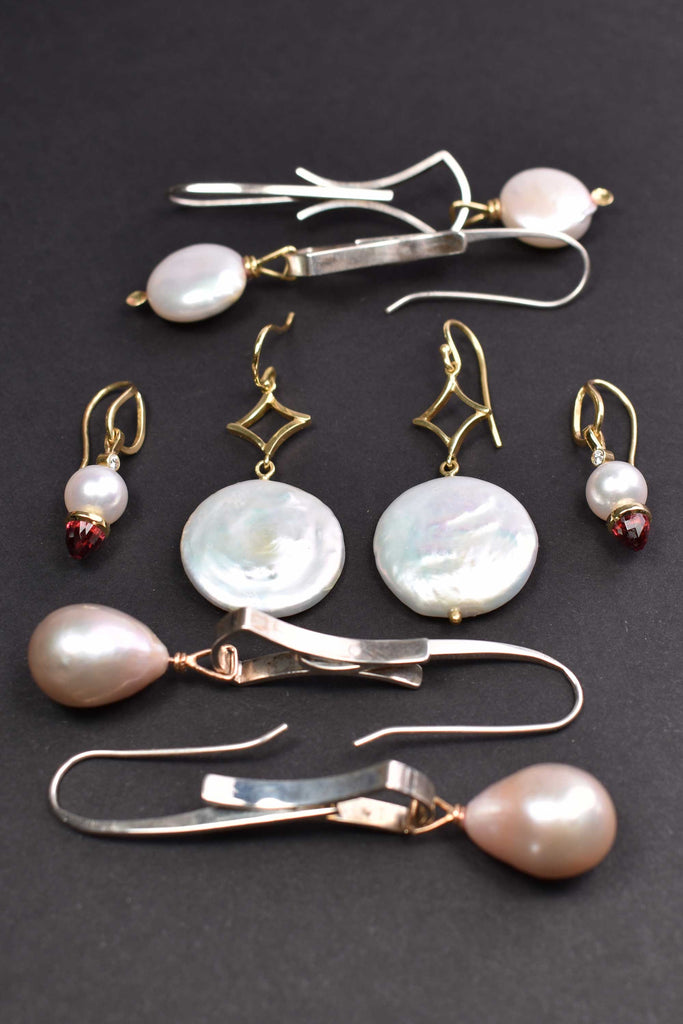 pearl earrings in silver and gold