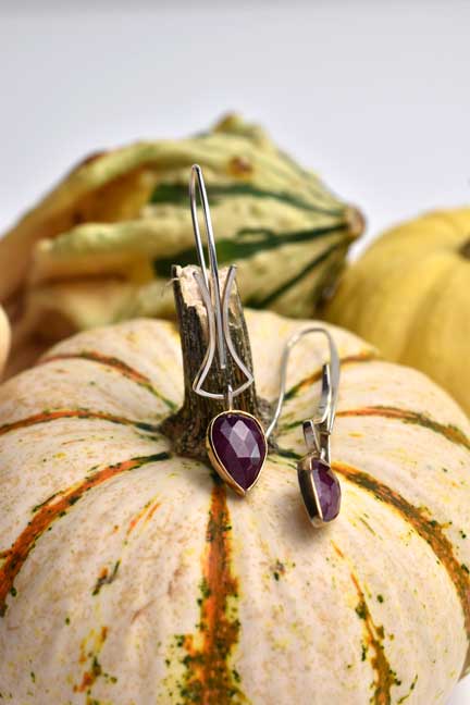 handmade silver gold and ruby earrings from Nikki Lorenz Designs