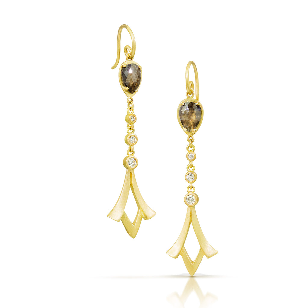 gray rose cut diamond and round brilliant diamond earrings set in 18k yellow gold Nikki Lorenz Designs