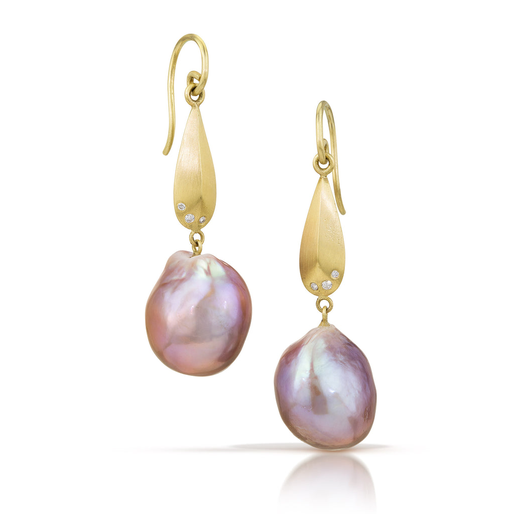 yellow gold earrings with diamonds and purple freshwater pearls Nikki Lorenz Designs