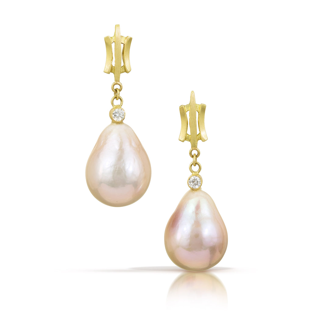 quiet luxury with unique pink pearl earrings with diamonds from Nikki Lorenz Designs