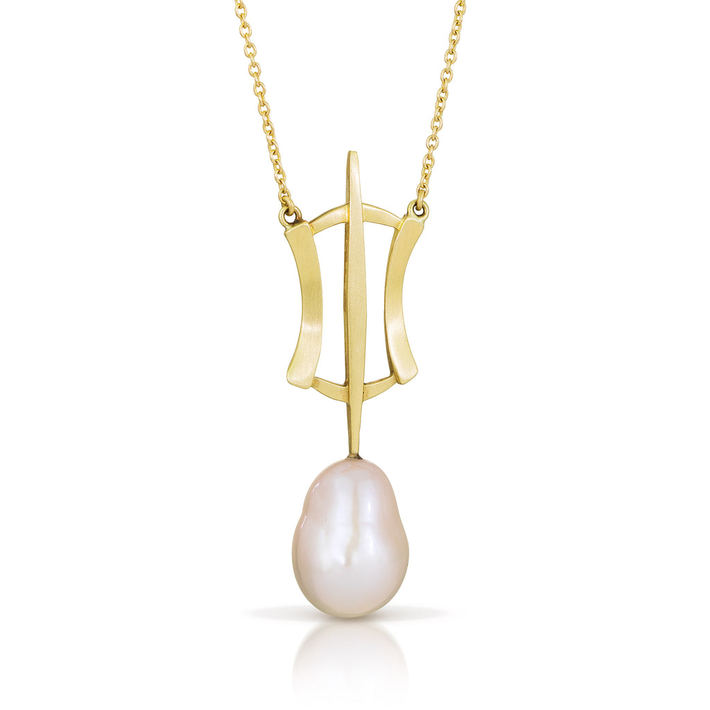 gold statement necklace with pink freshwater pearl from Nikki Lorenz Designs