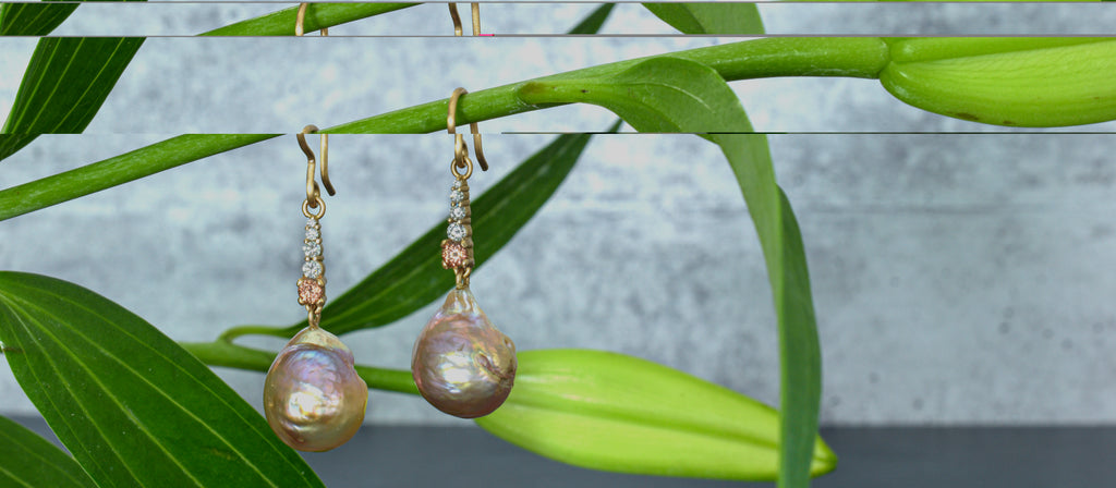 multi-colored freshwater pearls earrings with diamonds and zircon set in pink gold from Nikki Lorenz Designs