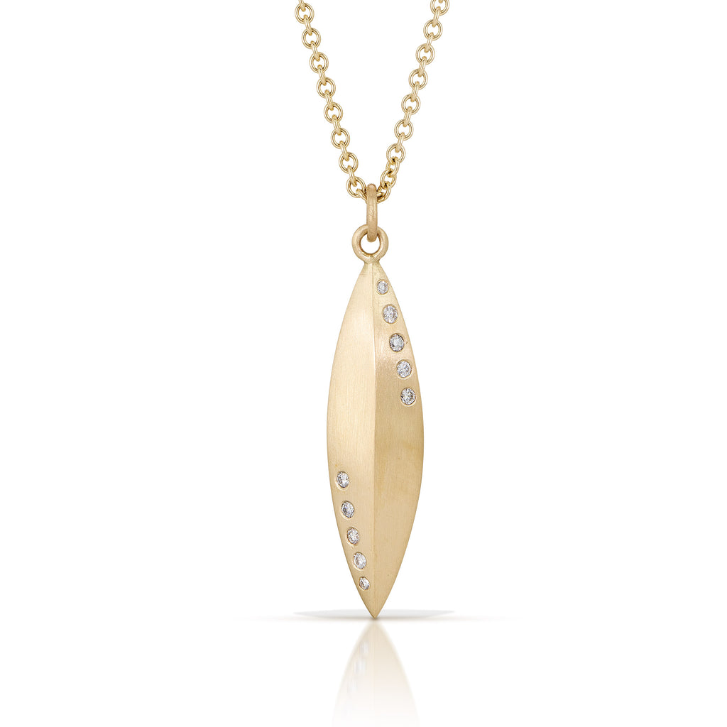 modern elongated 14k yellow gold and diamond pendant from Nikki Lorenz Designs