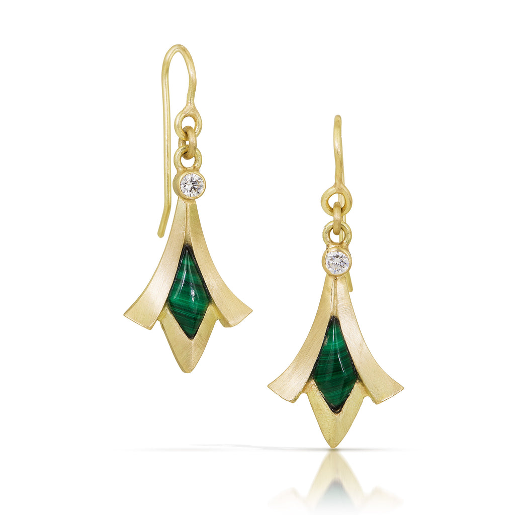 gold earrings with green stones and diamonds from Nikki Lorenz Designs