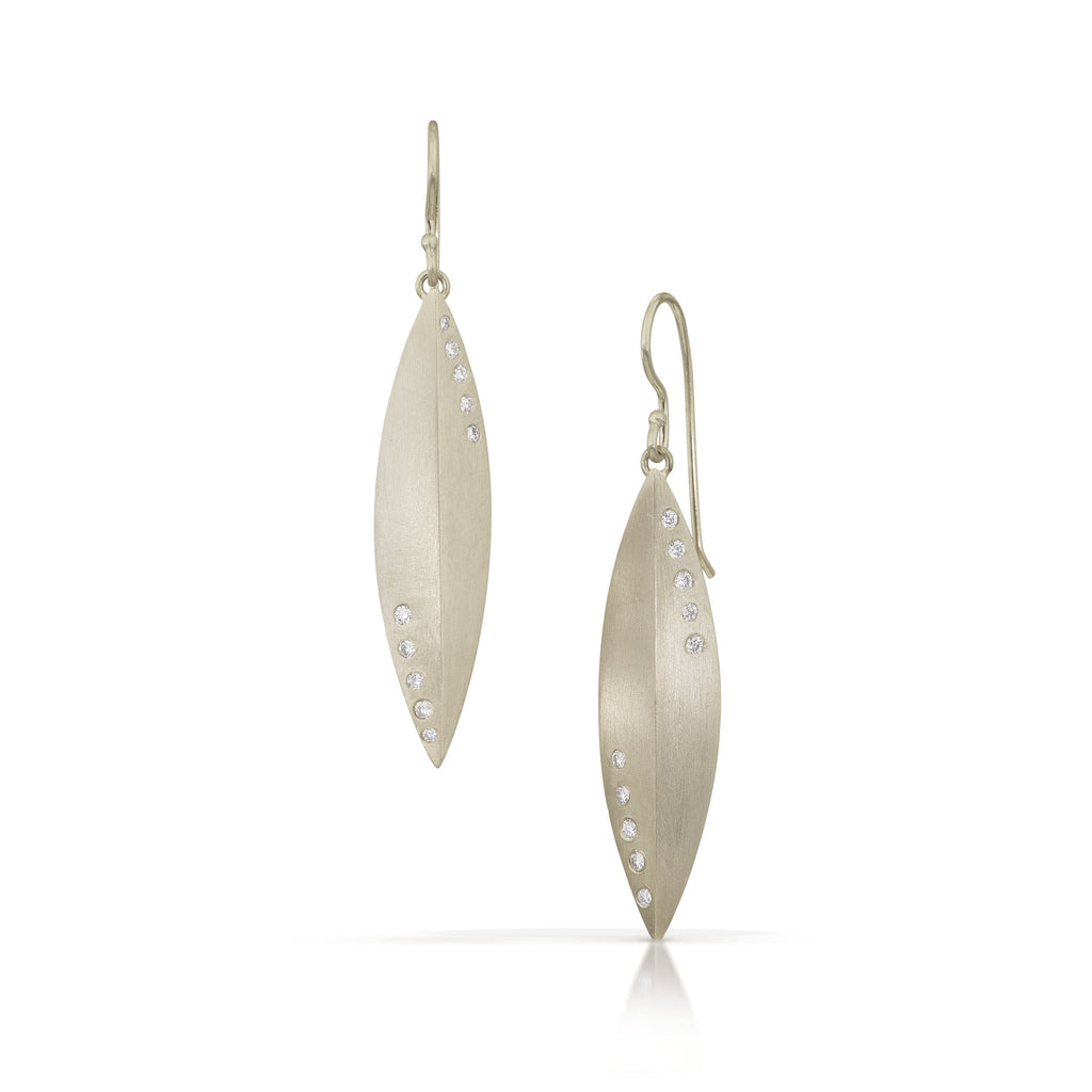 modern elongated 14K white gold and diamond earrings from Nikki Lorenz Designs