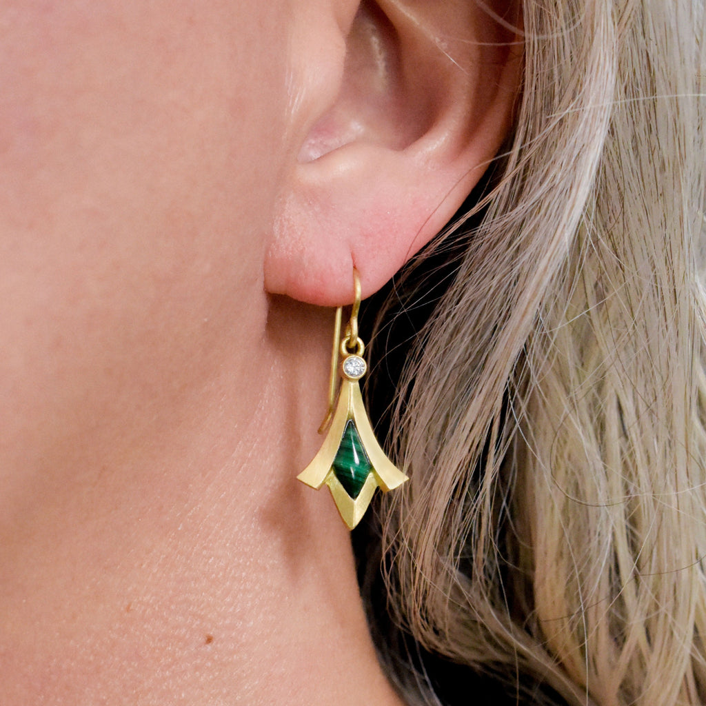 gold earrings with green stones and diamonds from Nikki Lorenz Designs