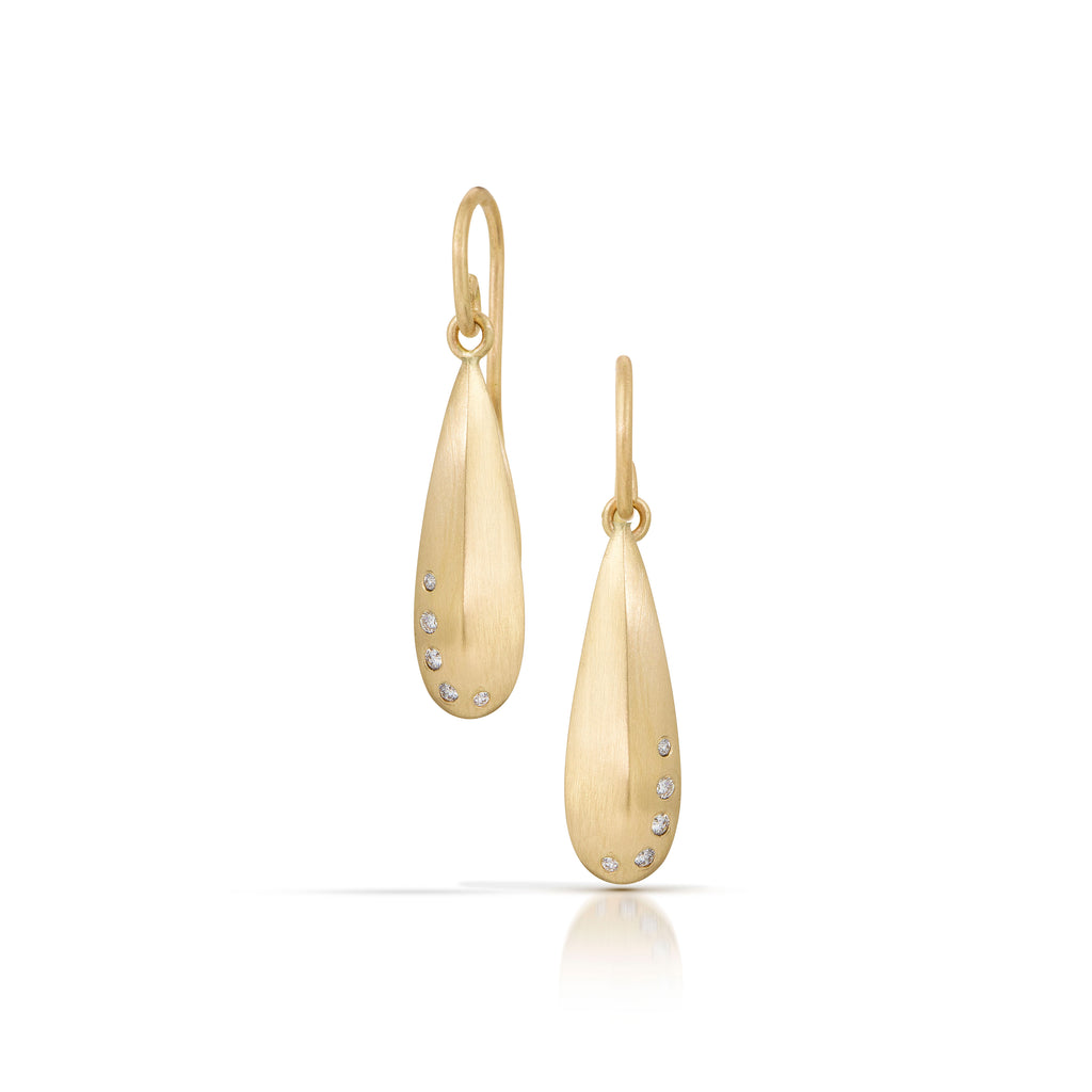 14k gold and diamond tear drop shaped earrings from Nikki Lorenz Designs