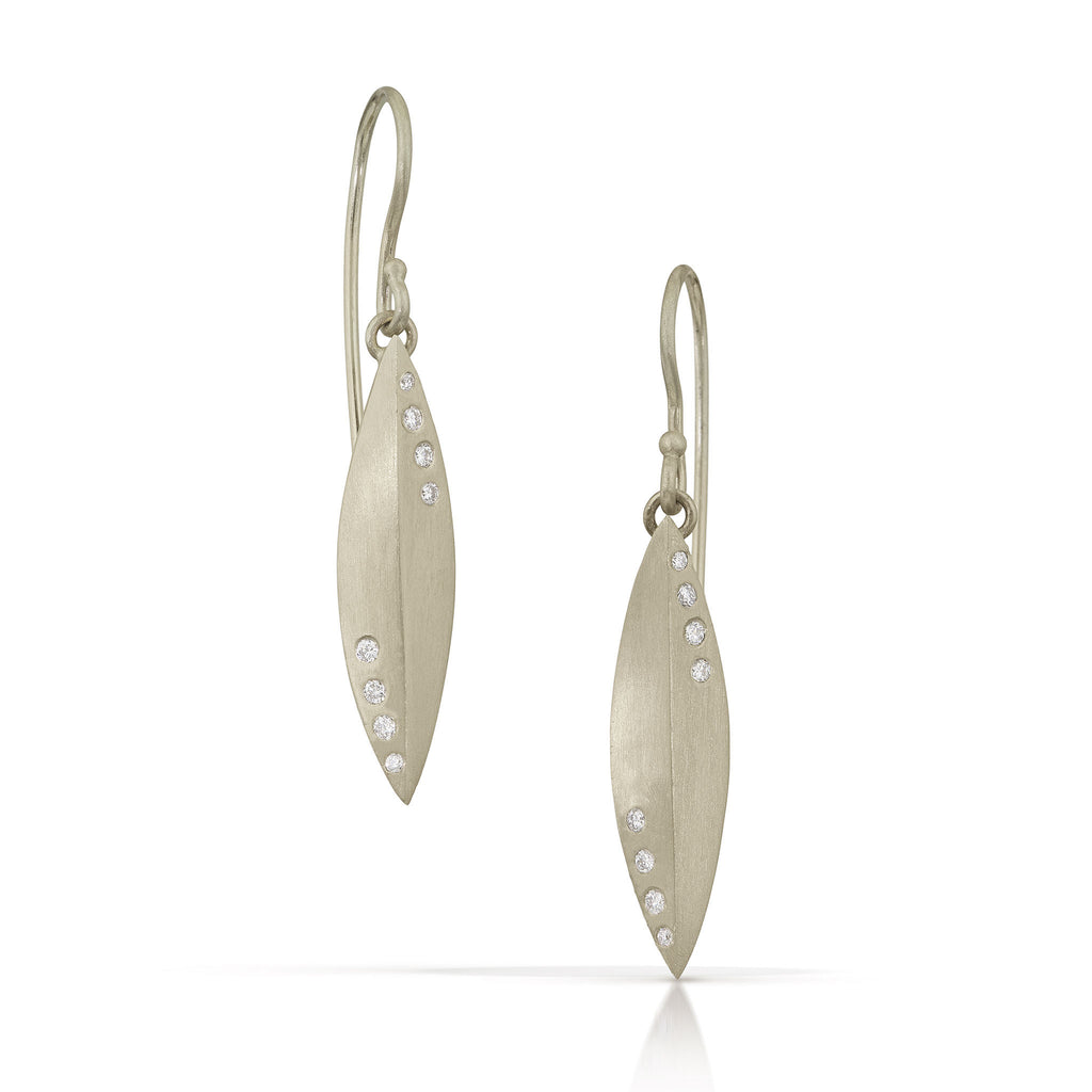 modern elongated 14K white gold and diamond earrings from Nikki Lorenz Designs