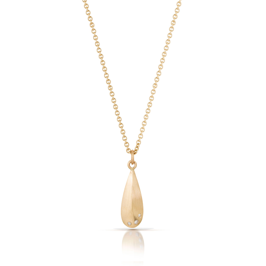 Small 14k gold and diamond tear drop shaped pendant from Nikki Lorenz Designs