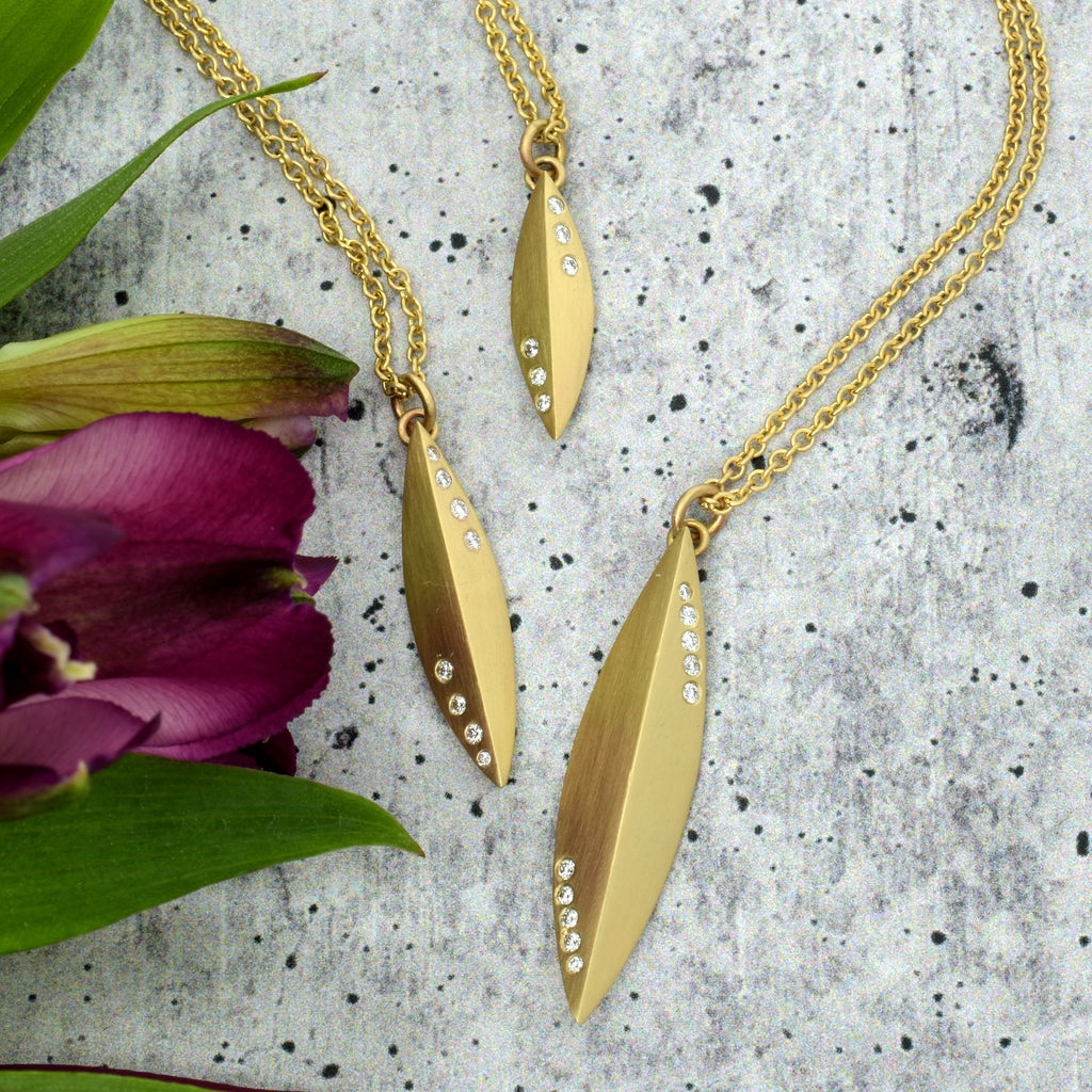 14k gold and diamond elongated pendants from Nikki Lorenz Designs