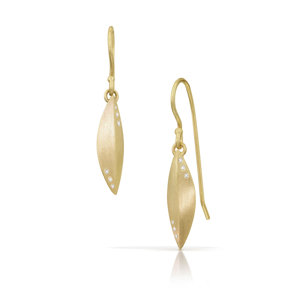 modern elongated 14k yellow gold and diamonds earrings from Nikki Lorenz Designs